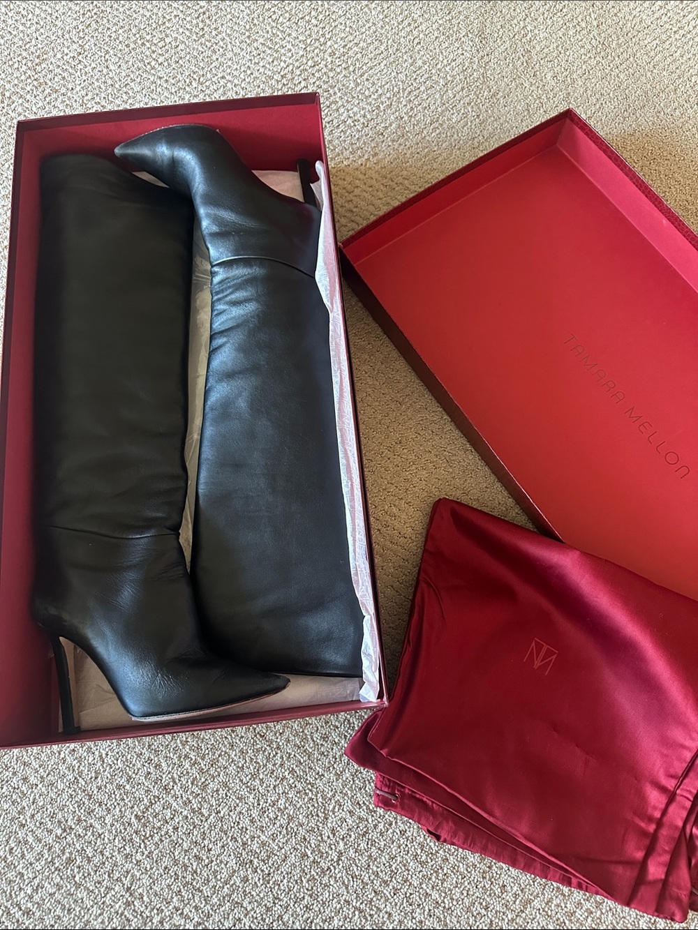 Tamara Mellon Black Leather Knee-High Pointed-Toe Boots with Slim Heel
